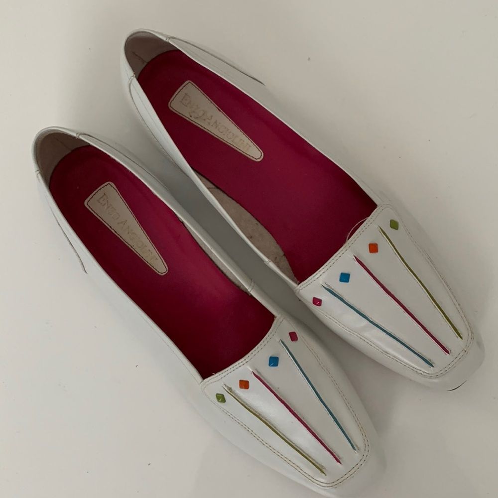 Enzo Angiolini White Leather Flat Shoes Multicolor Trim Women’s Size 39N